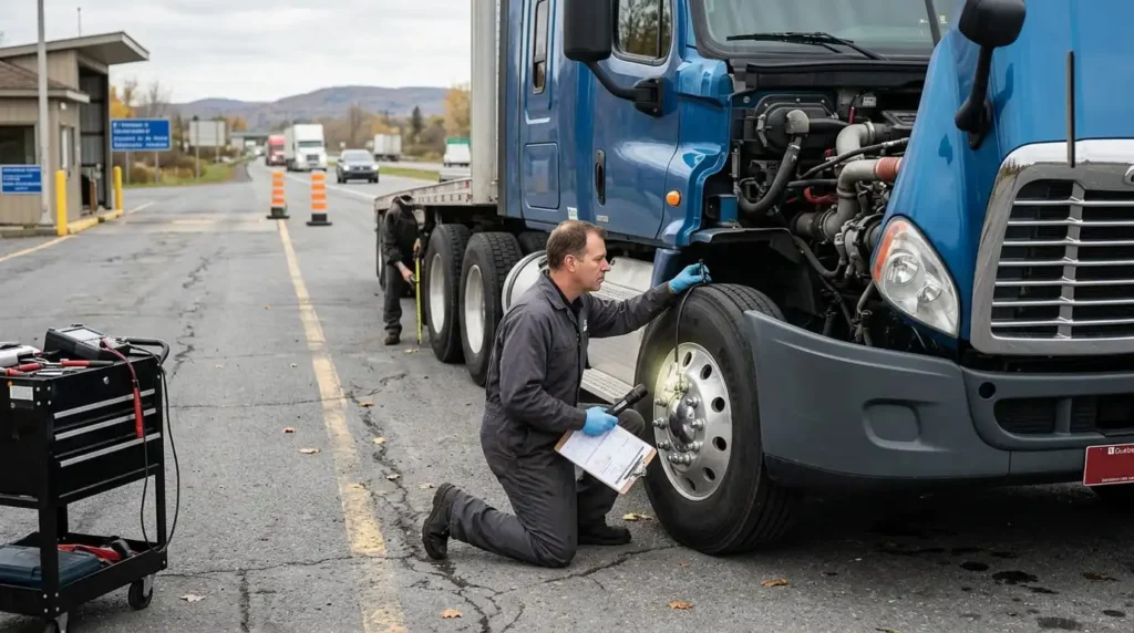 Commercial vehicle technician performing a Canada truck maintenance check and wheel inspection on a semi truck on a Quebec highway.