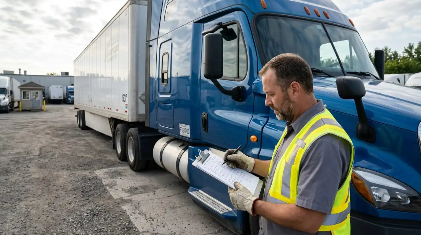 Commercial driver completing a daily truck inspection checklist clipboard beside semi truck