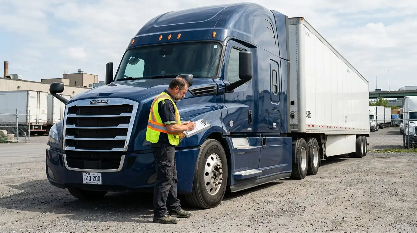 Inspector conducting a truck safety inspection checklist on a Freightliner semi truck