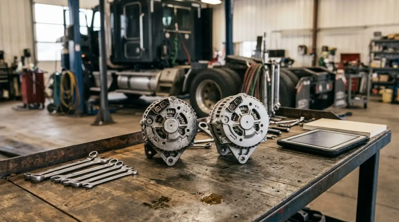 Side-by-side comparison of used truck parts including an original core alternator and a cleaned remanufactured unit on a workbench.