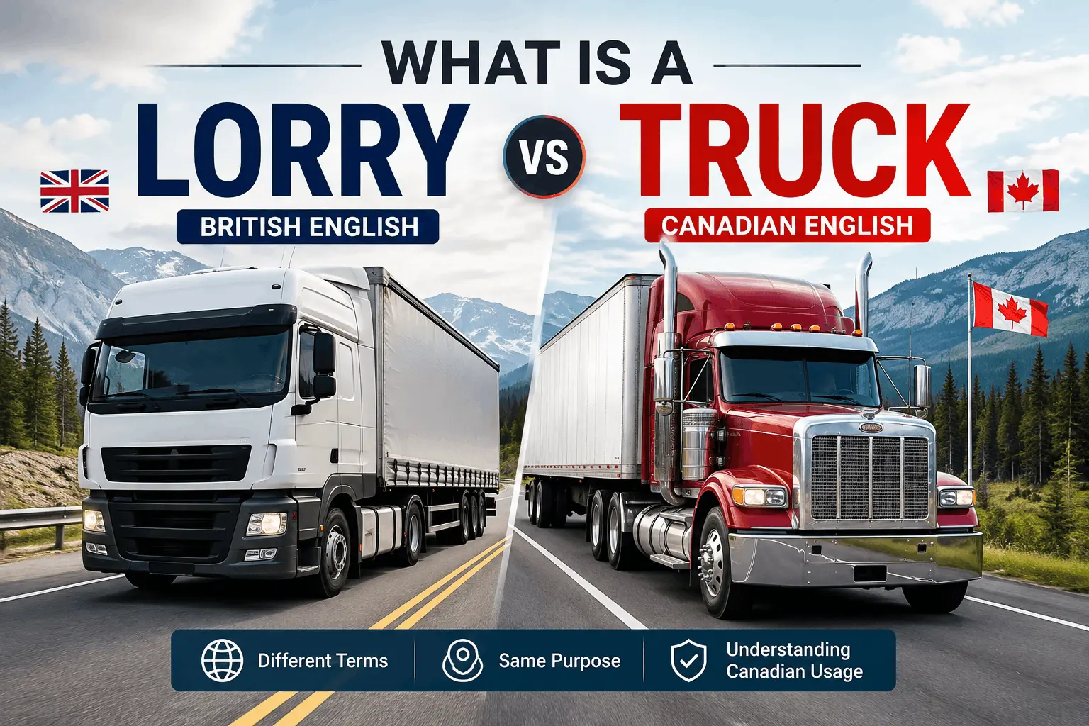 A side-by-side infographic answering what is a lorry truck, showing a white European cab-over vehicle representing British English next to a red conventional rig representing Canadian English.