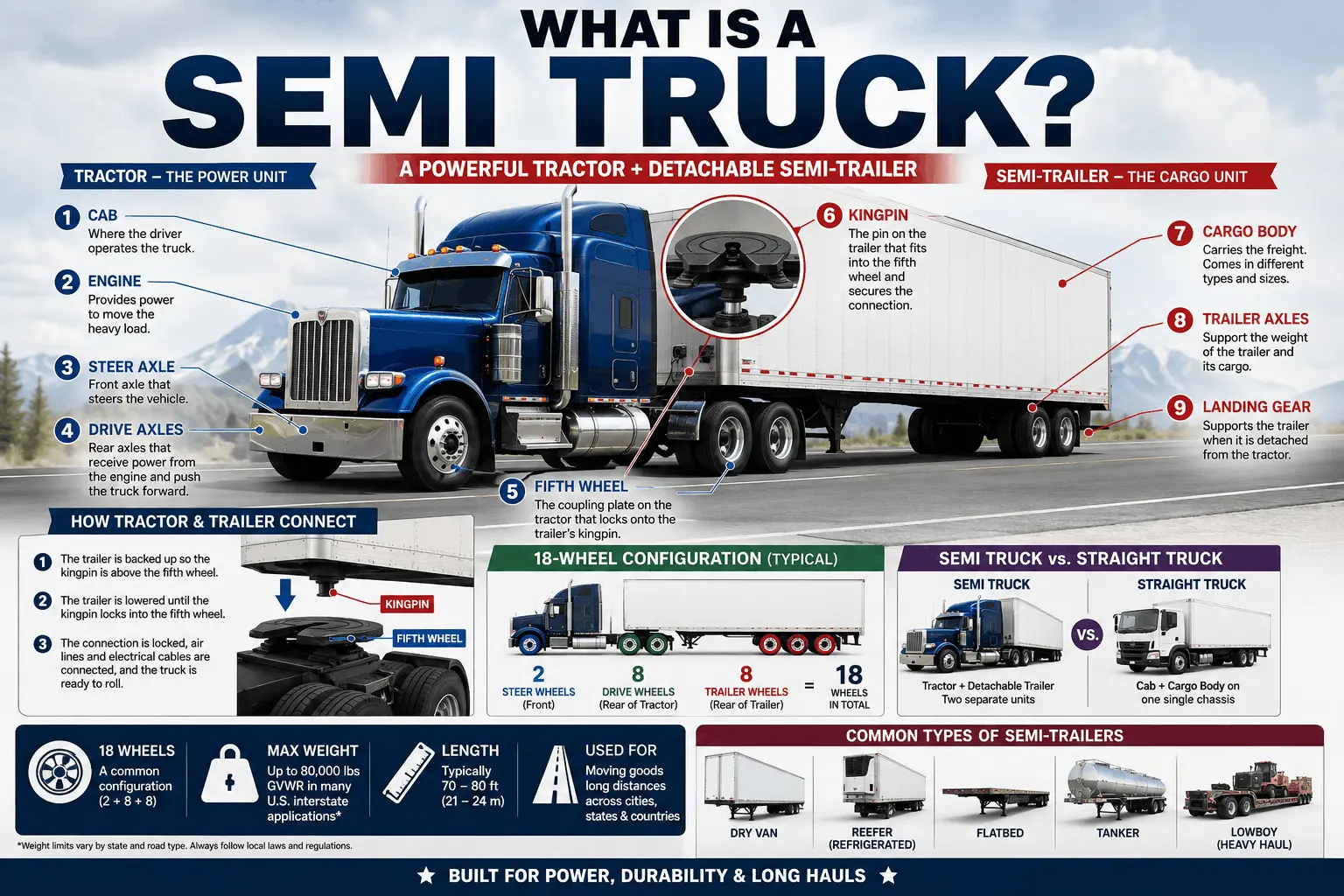 Detailed infographic showing the anatomy of a semi truck, 18-wheeler configuration, and a comparison between semi trucks and straight trucks. What Is a Semi Truck, Complete Anatomy and Types Infographic