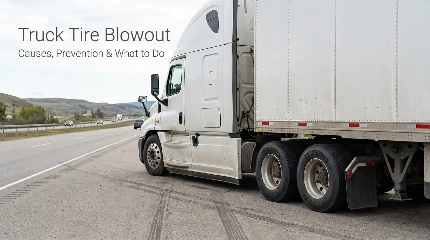 Commercial semi-truck pulled over safely on a highway shoulder featuring overlay text reading Truck Tire Blowout: Causes, Prevention & What to Do.
